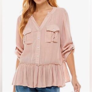 Derek Heart Convertible Sleeve Pink Crinkle Fabric Peplum Top Size Large